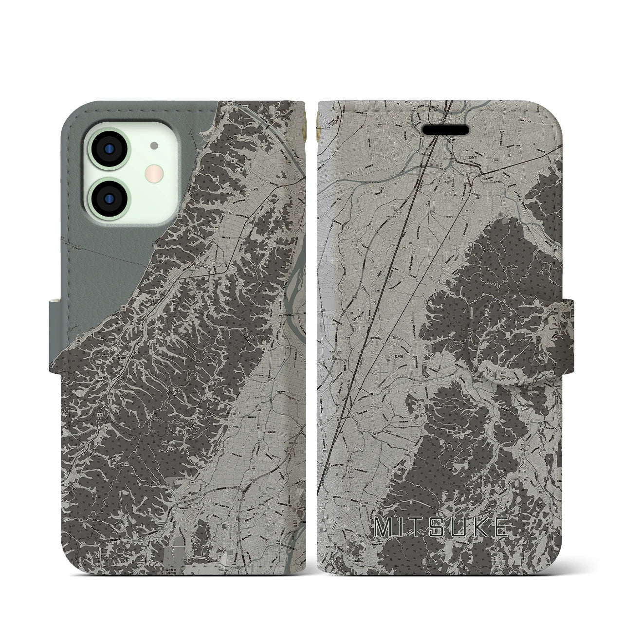 【見附(新潟県)】地図柄iPhoneケース(手帳タイプ)モノトーン・iPhone 12 mini 用
