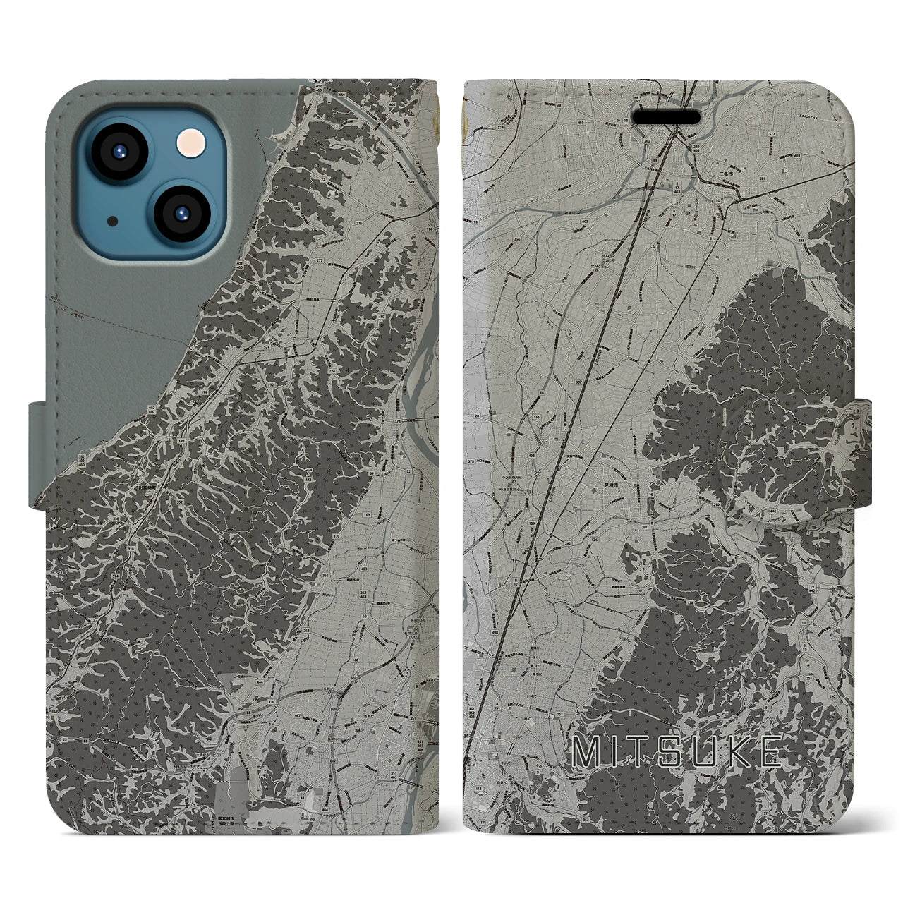 【見附(新潟県)】地図柄iPhoneケース(手帳タイプ)モノトーン・iPhone 13 用