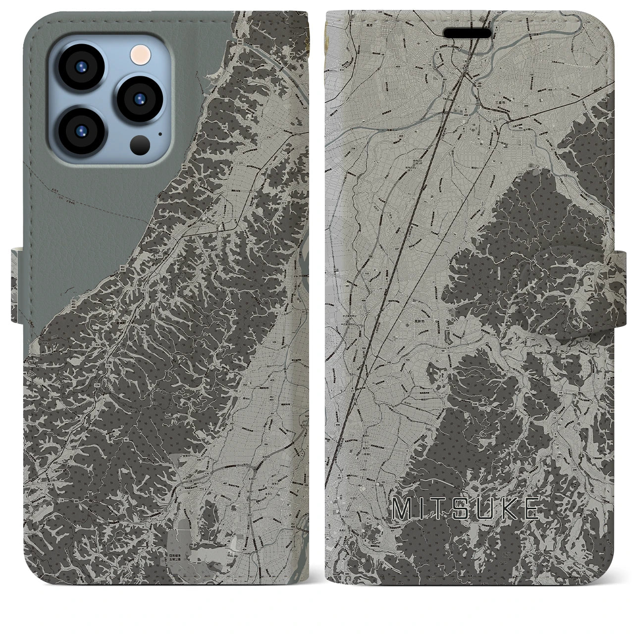 【見附(新潟県)】地図柄iPhoneケース(手帳タイプ)モノトーン・iPhone 13 Pro Max 用