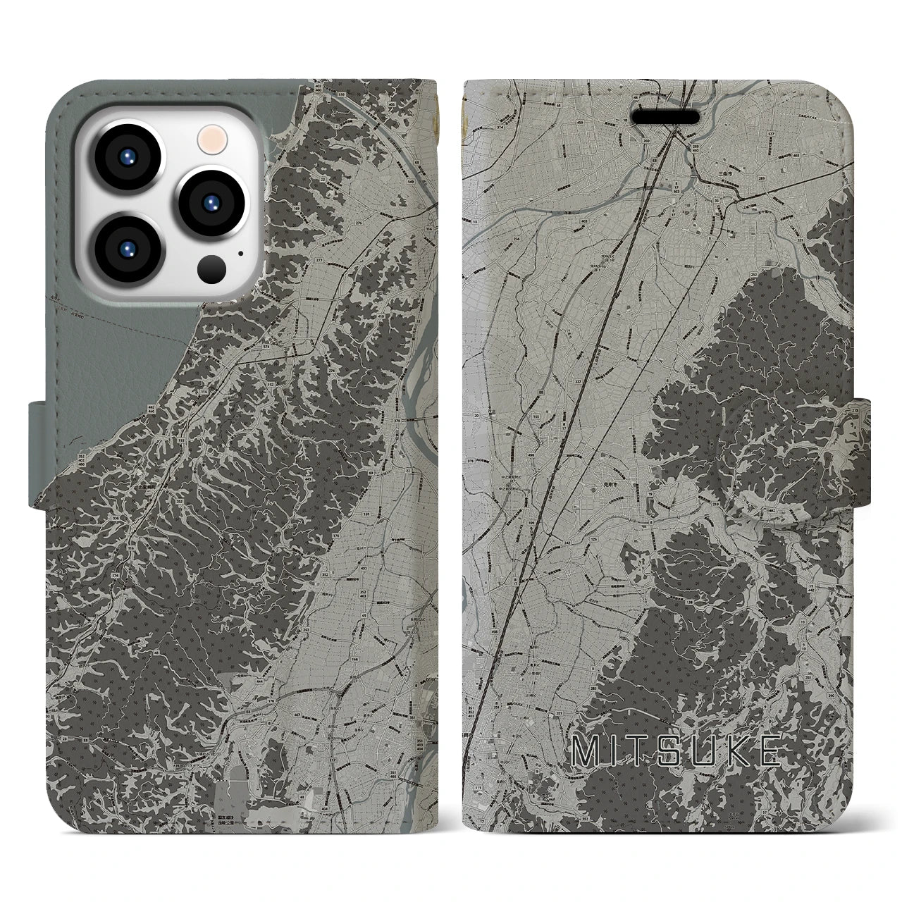 【見附(新潟県)】地図柄iPhoneケース(手帳タイプ)モノトーン・iPhone 13 Pro 用