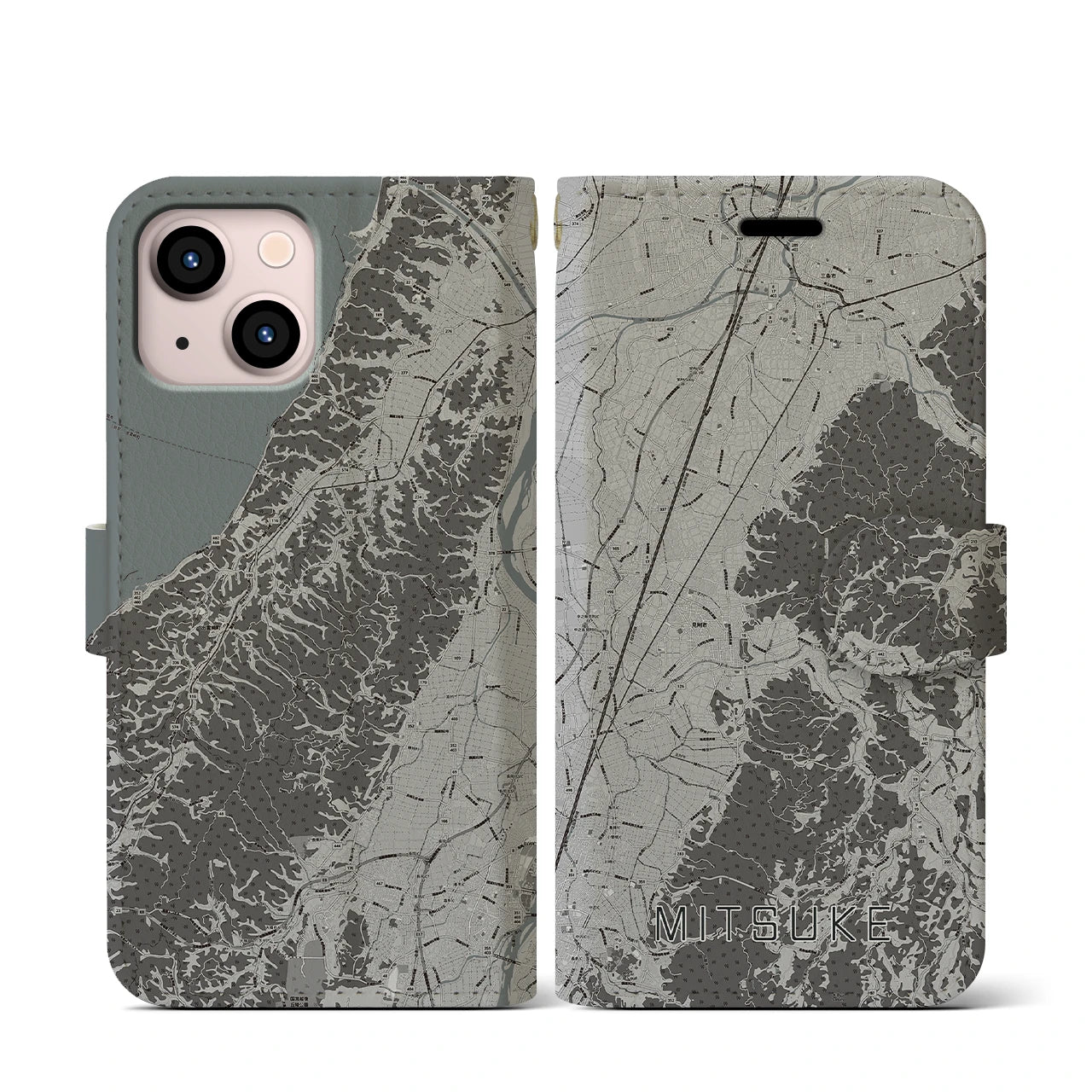 【見附(新潟県)】地図柄iPhoneケース(手帳タイプ)モノトーン・iPhone 13 mini 用