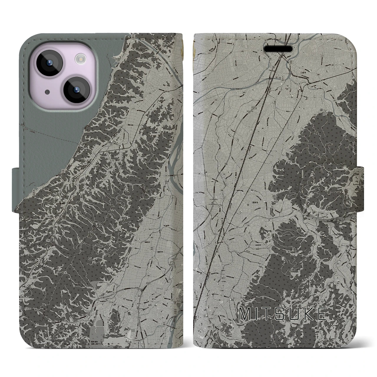 【見附(新潟県)】地図柄iPhoneケース(手帳タイプ)モノトーン・iPhone 14 用