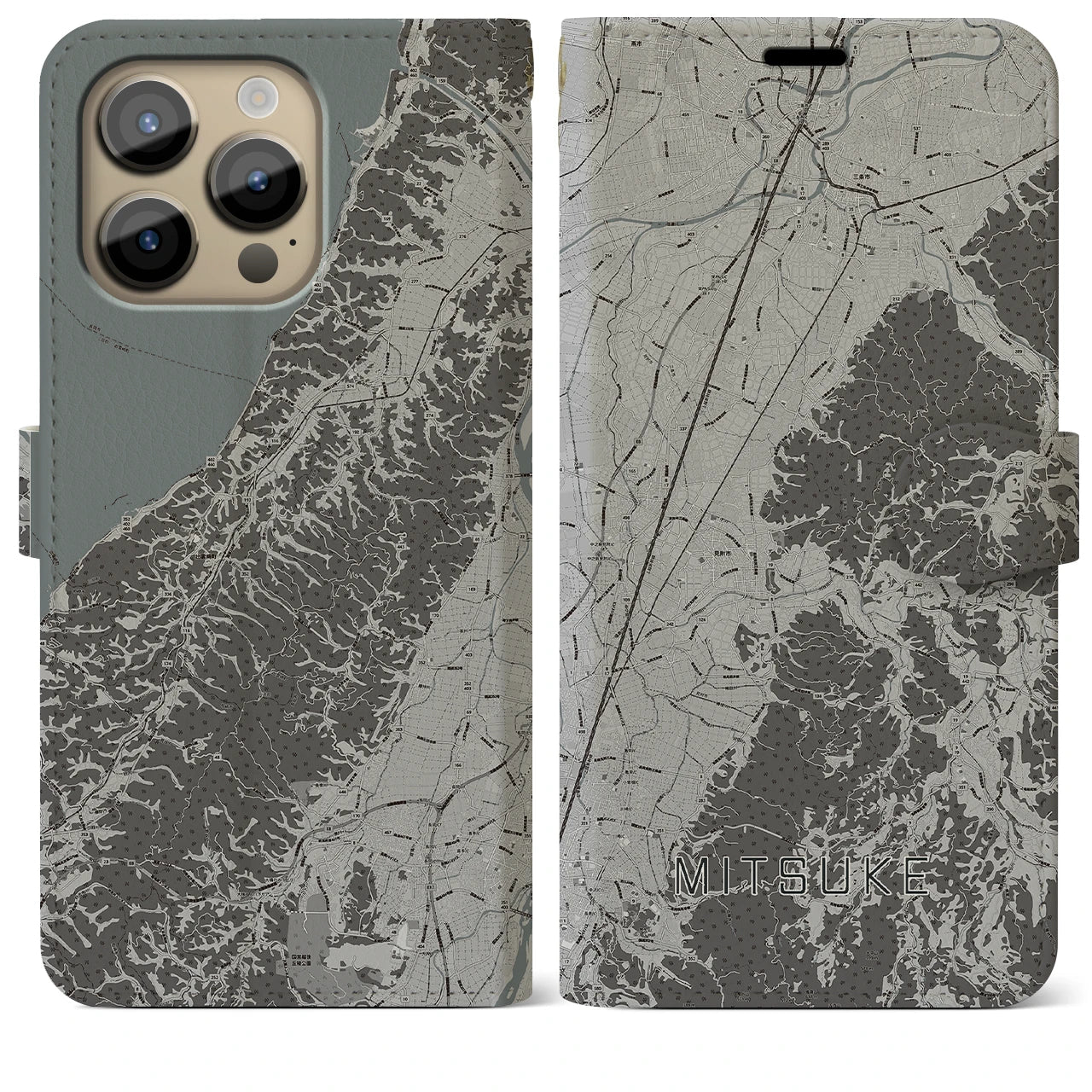 【見附(新潟県)】地図柄iPhoneケース(手帳タイプ)モノトーン・iPhone 14 Pro Max 用