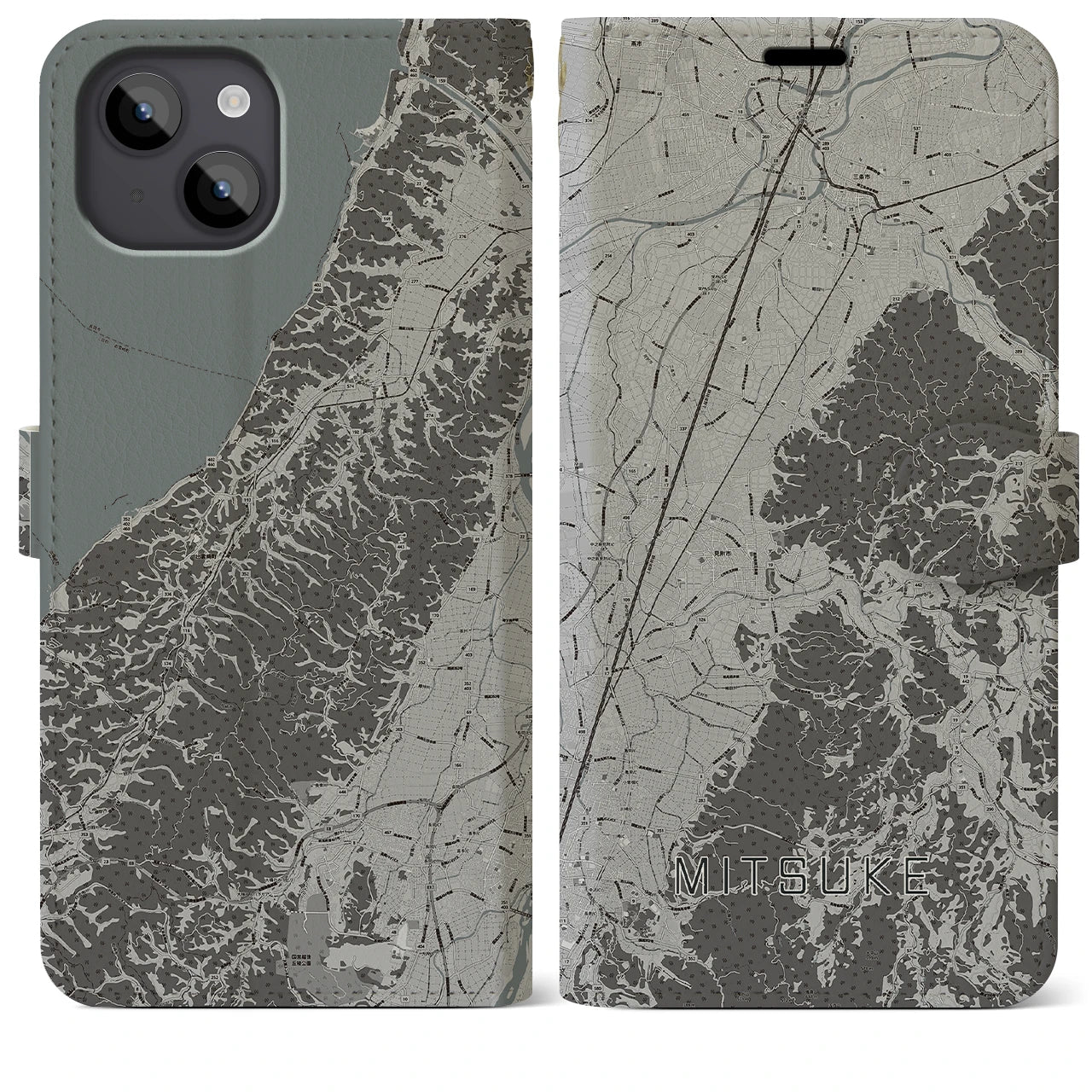 【見附(新潟県)】地図柄iPhoneケース(手帳タイプ)モノトーン・iPhone 14 Plus 用