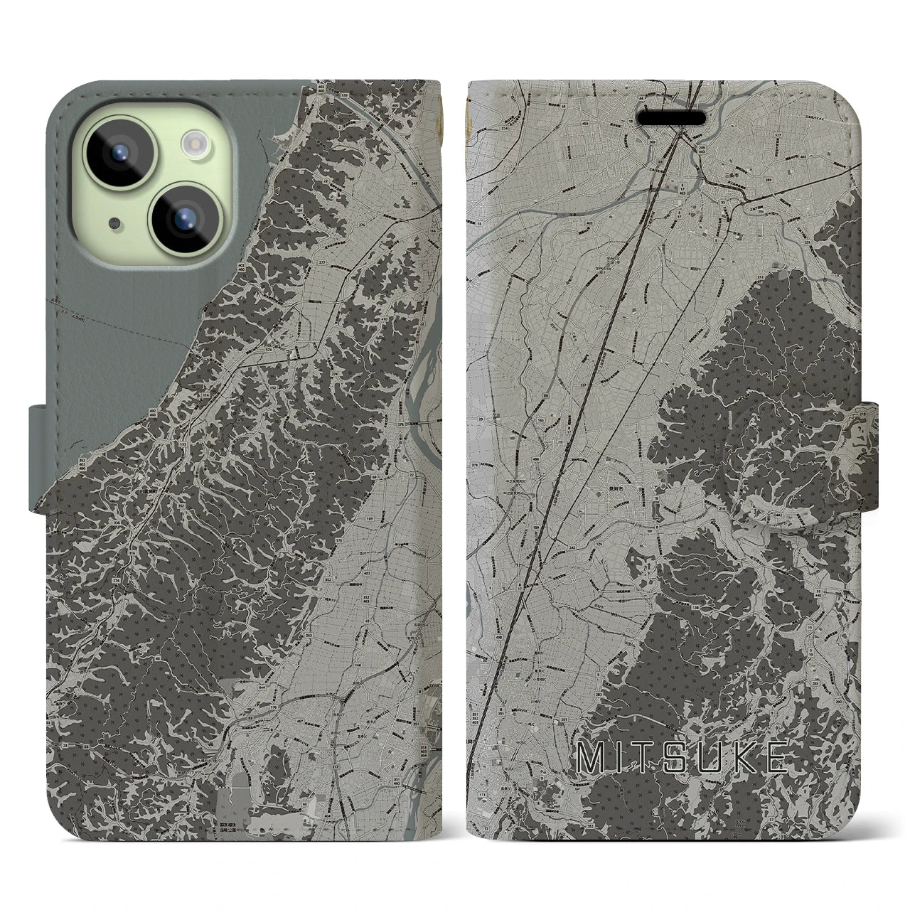 【見附(新潟県)】地図柄iPhoneケース(手帳タイプ)モノトーン・iPhone 15 用