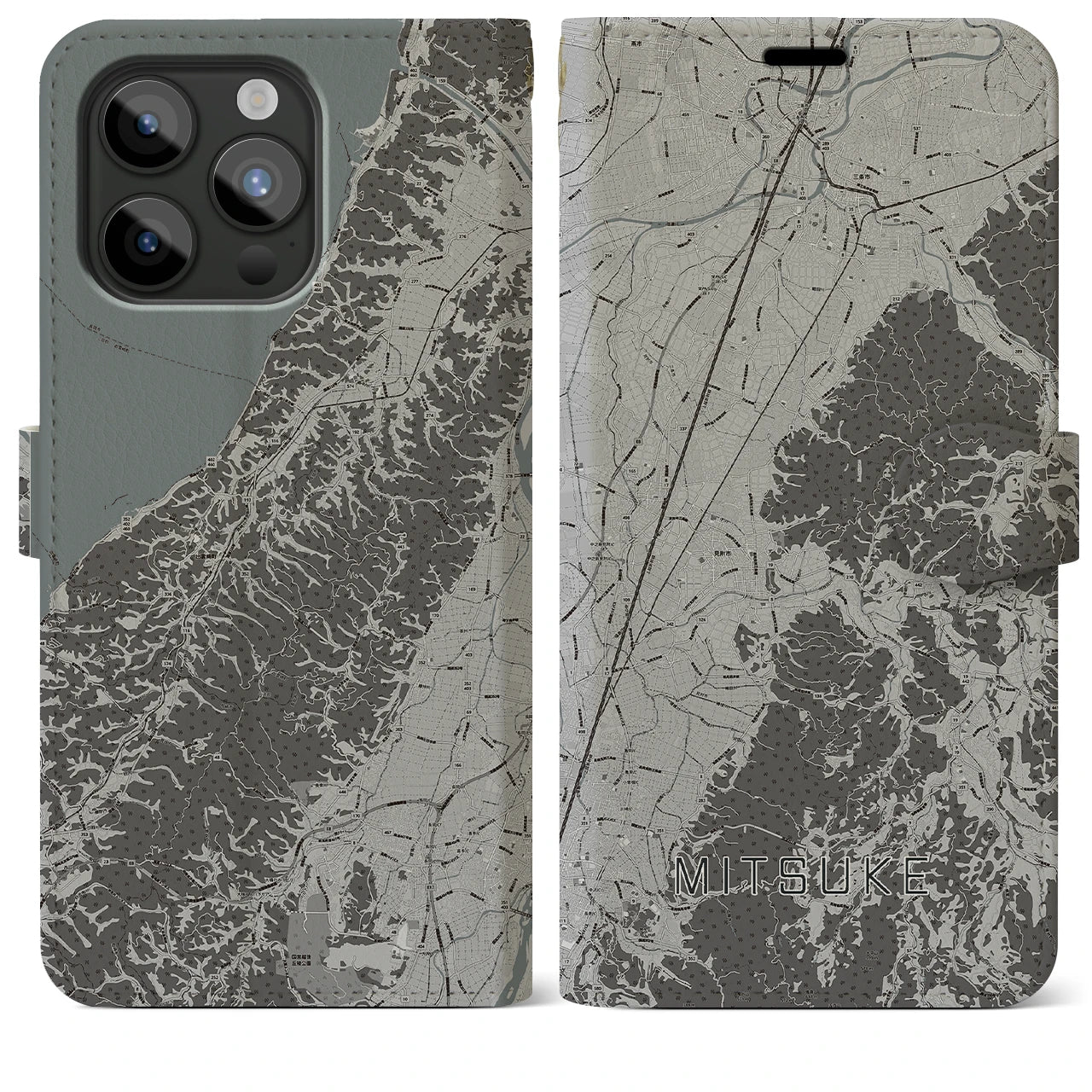 【見附(新潟県)】地図柄iPhoneケース(手帳タイプ)モノトーン・iPhone 15 Pro Max 用