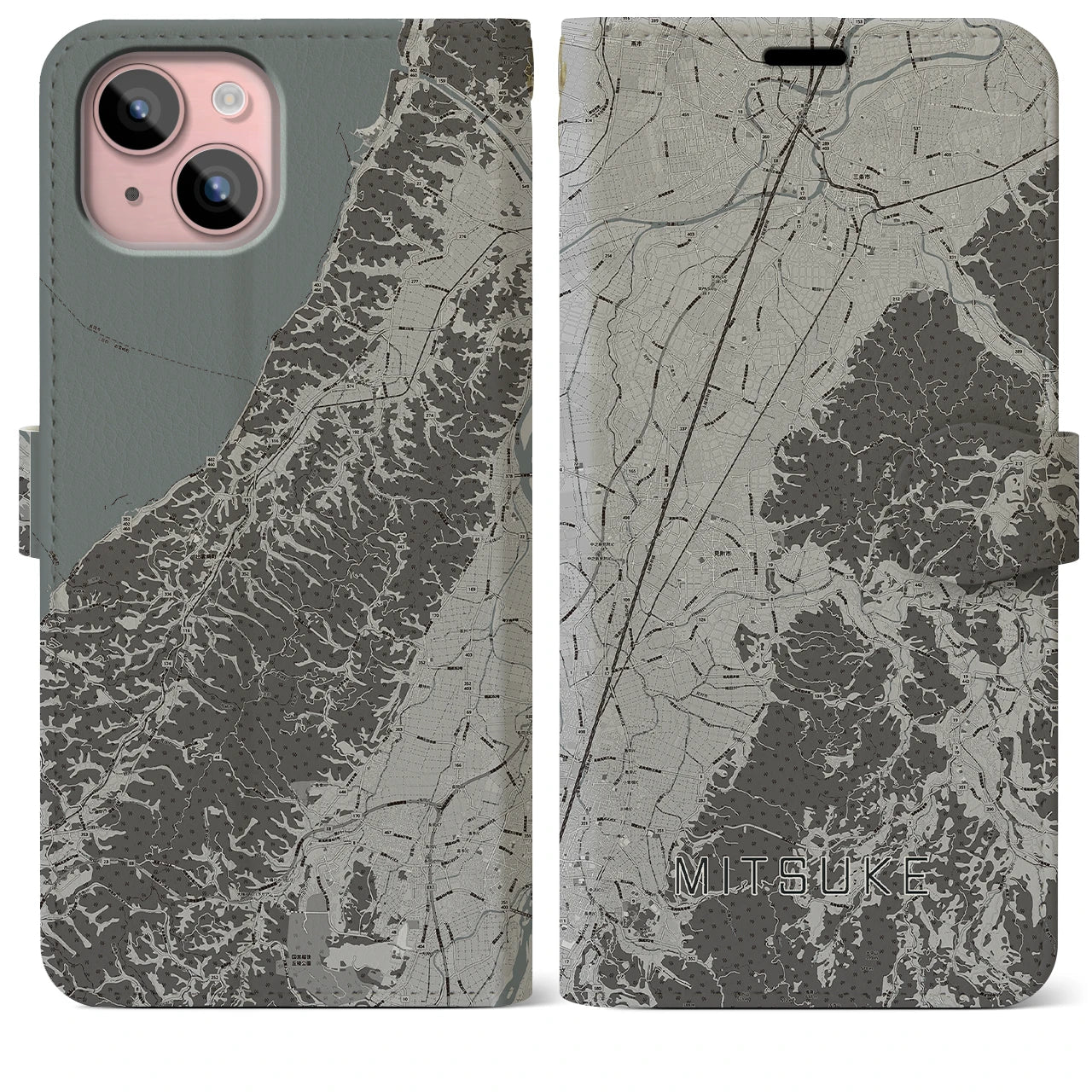 【見附(新潟県)】地図柄iPhoneケース(手帳タイプ)モノトーン・iPhone 15 Plus 用
