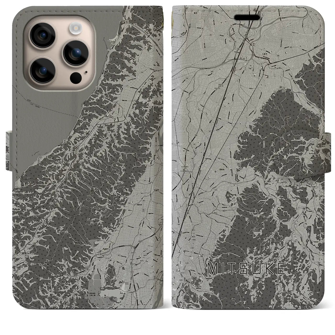 【見附(新潟県)】地図柄iPhoneケース(手帳タイプ)モノトーン・iPhone 16 Plus 用