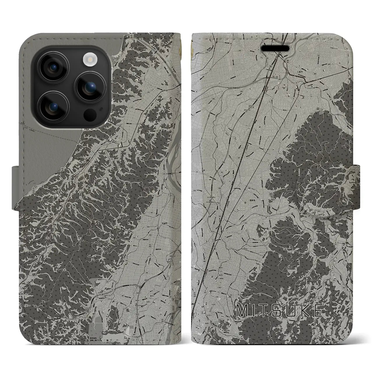 【見附(新潟県)】地図柄iPhoneケース(手帳タイプ)モノトーン・iPhone 16 用