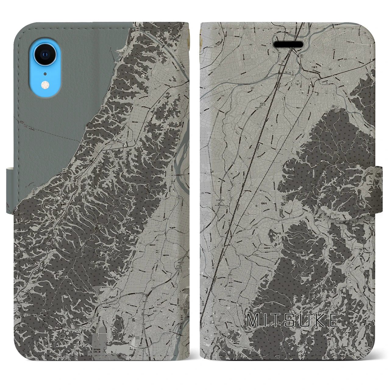 【見附(新潟県)】地図柄iPhoneケース(手帳タイプ)モノトーン・iPhone XR 用