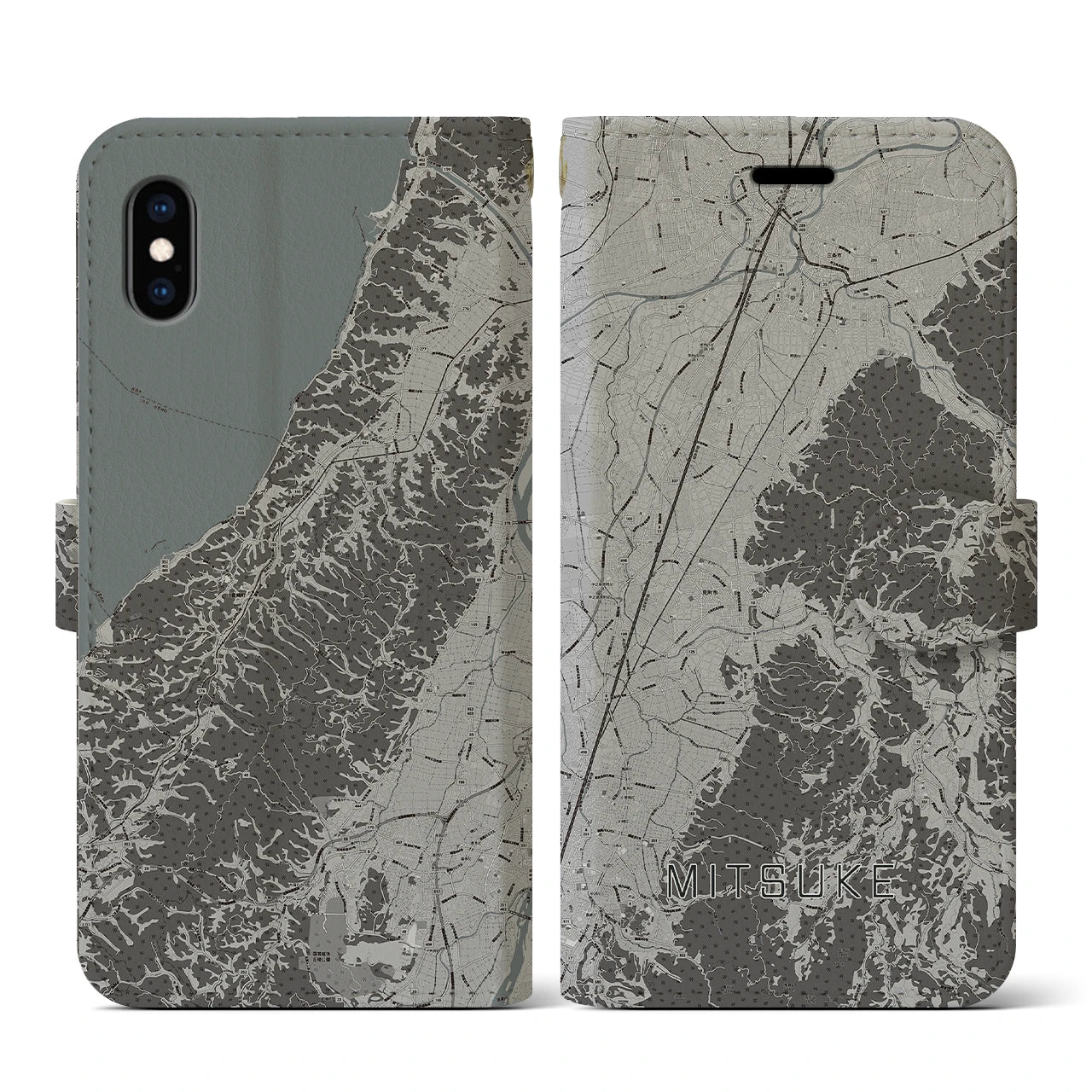 【見附(新潟県)】地図柄iPhoneケース(手帳タイプ)モノトーン・iPhone XS / X 用