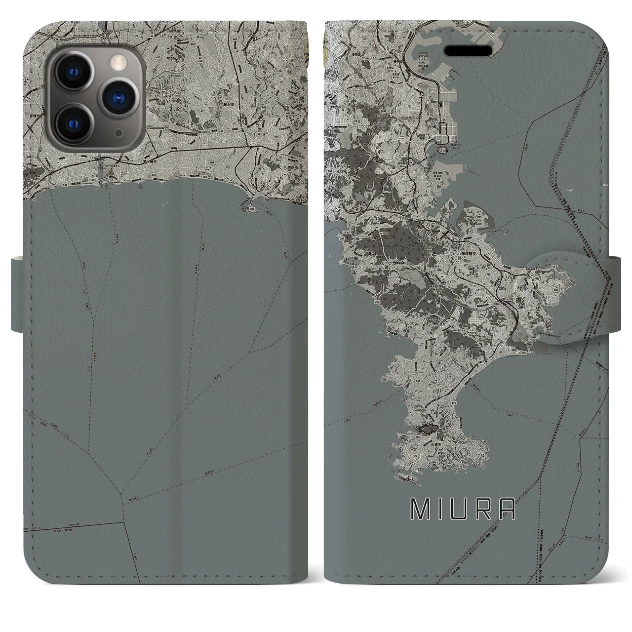 【三浦2(神奈川県)】地図柄iPhoneケース(手帳タイプ)モノトーン・iPhone 11 Pro Max 用