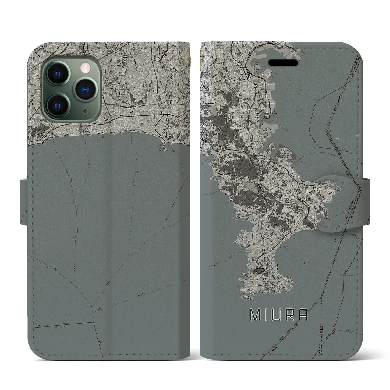 【三浦2(神奈川県)】地図柄iPhoneケース(手帳タイプ)モノトーン・iPhone 11 Pro 用
