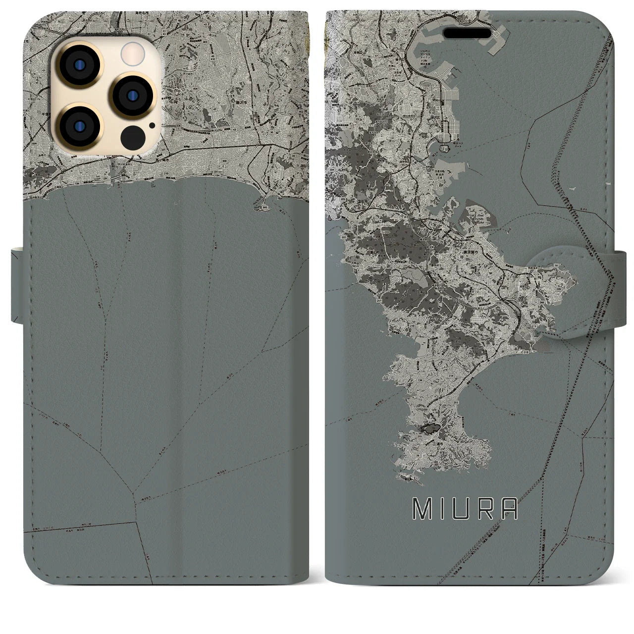 【三浦2(神奈川県)】地図柄iPhoneケース(手帳タイプ)モノトーン・iPhone 12 Pro Max 用