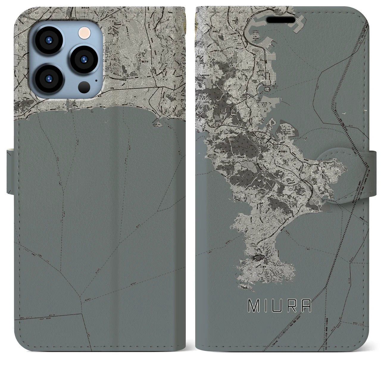 【三浦2(神奈川県)】地図柄iPhoneケース(手帳タイプ)モノトーン・iPhone 13 Pro Max 用