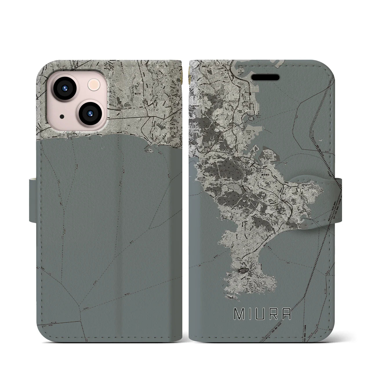 【三浦2(神奈川県)】地図柄iPhoneケース(手帳タイプ)モノトーン・iPhone 13 mini 用