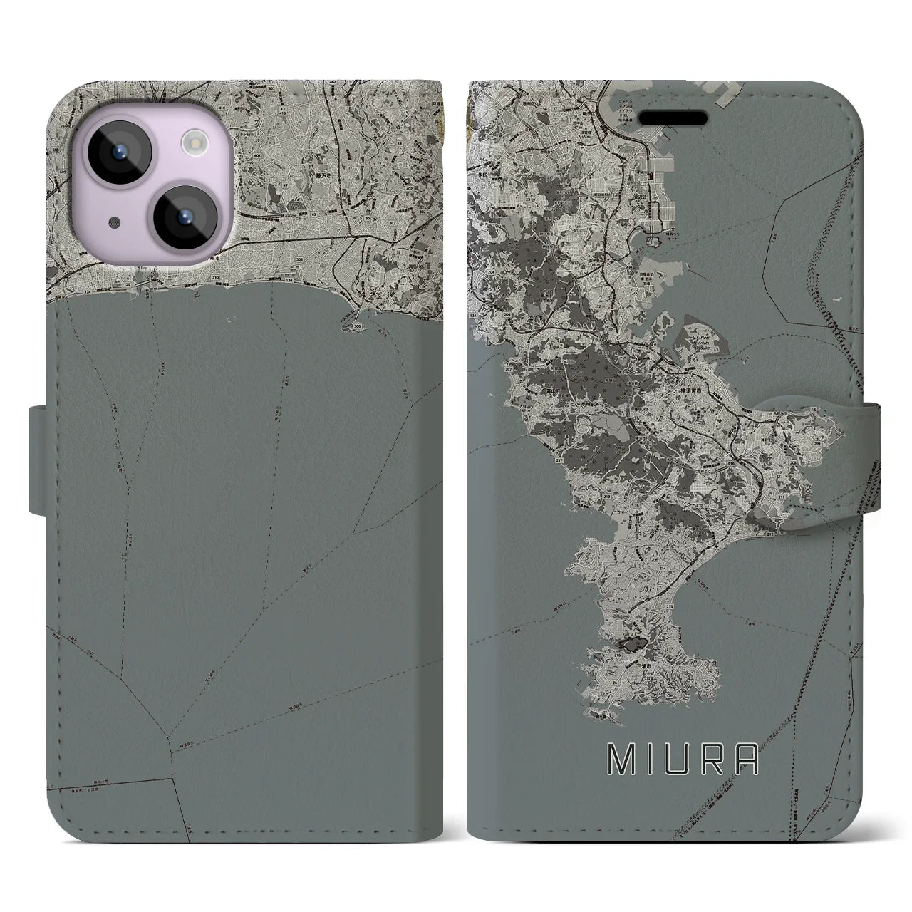 【三浦2(神奈川県)】地図柄iPhoneケース(手帳タイプ)モノトーン・iPhone 14 用