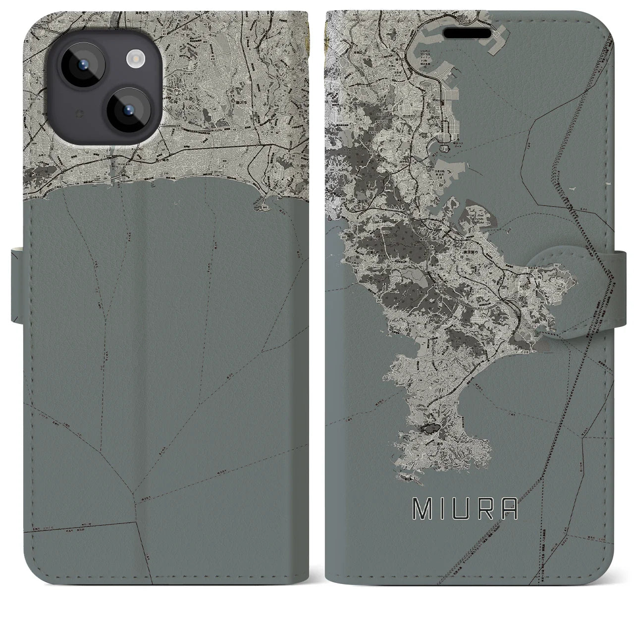 【三浦2(神奈川県)】地図柄iPhoneケース(手帳タイプ)モノトーン・iPhone 14 Plus 用