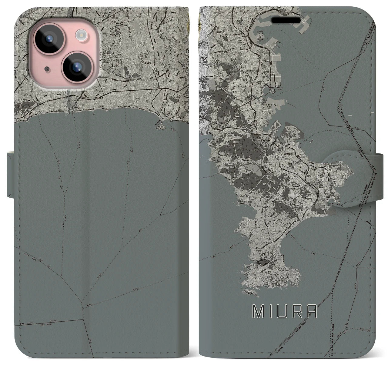 【三浦2(神奈川県)】地図柄iPhoneケース(手帳タイプ)モノトーン・iPhone 15 Plus 用