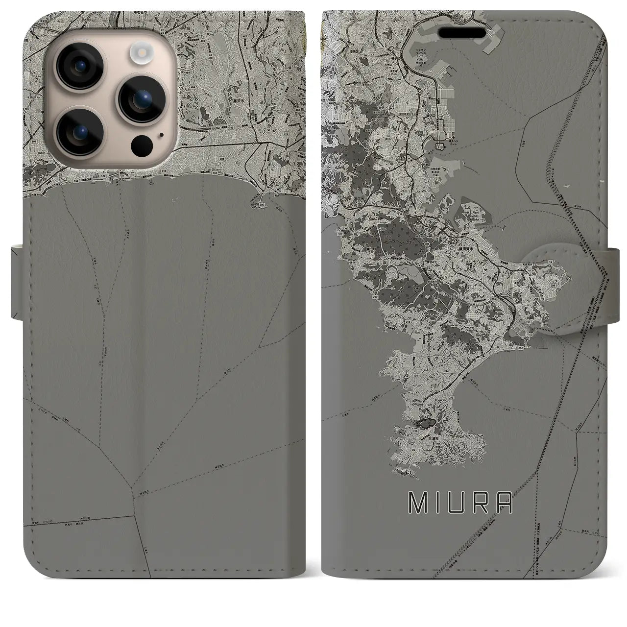 【三浦2(神奈川県)】地図柄iPhoneケース(手帳タイプ)モノトーン・iPhone 16 Plus 用