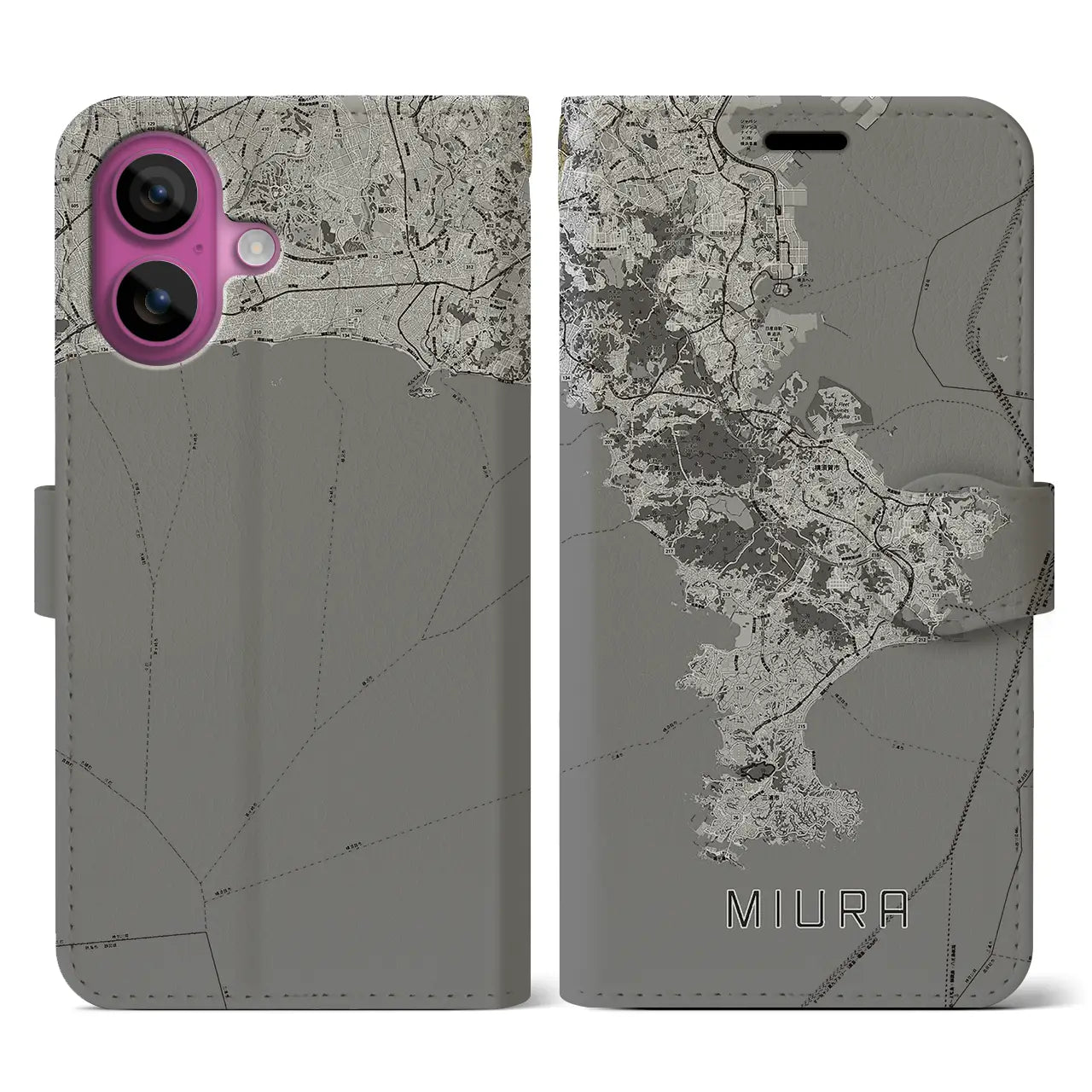 【三浦2(神奈川県)】地図柄iPhoneケース(手帳タイプ)モノトーン・iPhone 16 Pro 用