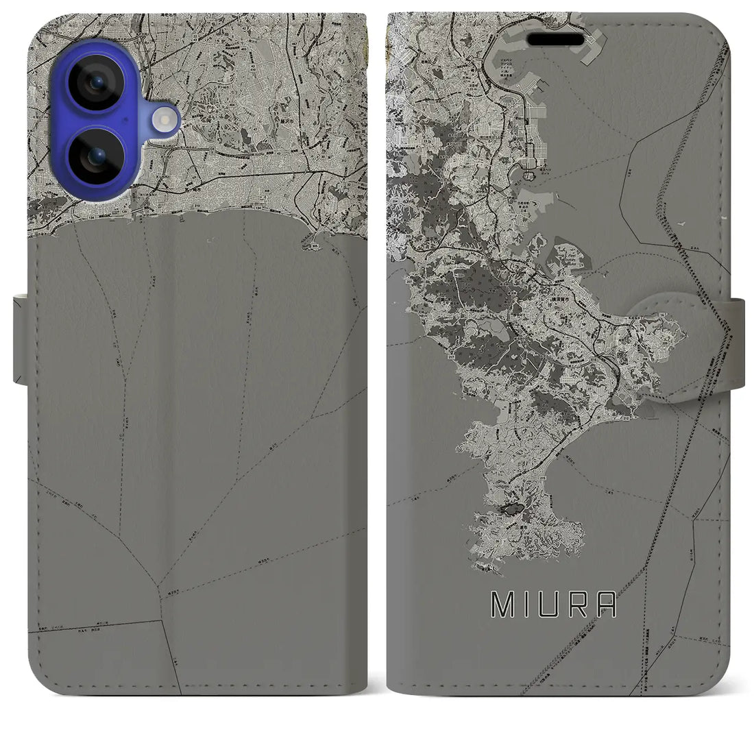 【三浦2(神奈川県)】地図柄iPhoneケース(手帳タイプ)モノトーン・iPhone 16 Pro Max 用