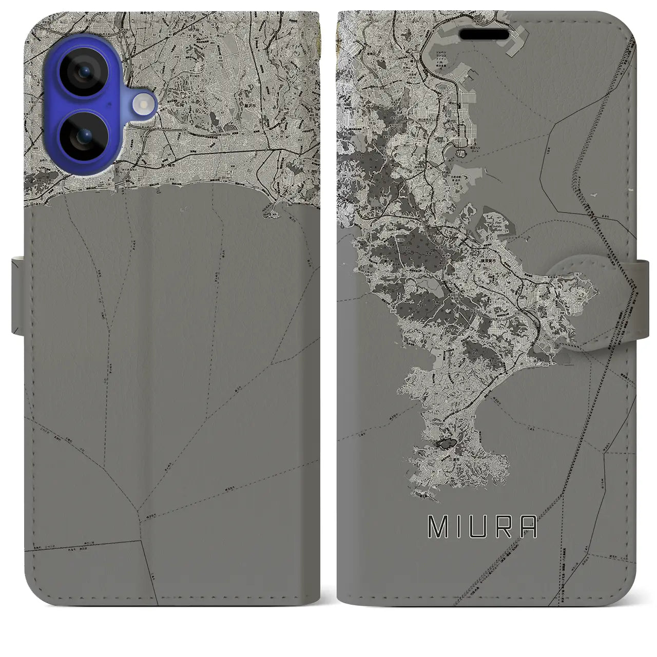 【三浦2(神奈川県)】地図柄iPhoneケース(手帳タイプ)モノトーン・iPhone 16 Pro Max 用