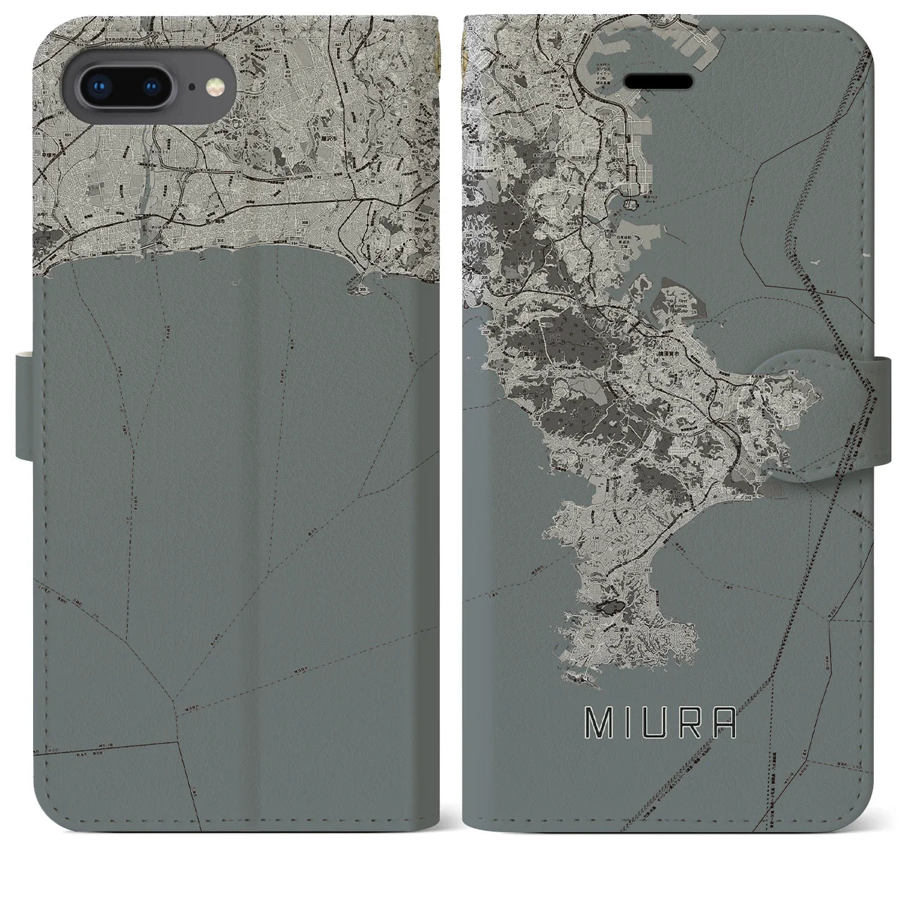 【三浦2(神奈川県)】地図柄iPhoneケース(手帳タイプ)モノトーン・iPhone 8Plus /7Plus / 6sPlus / 6Plus 用