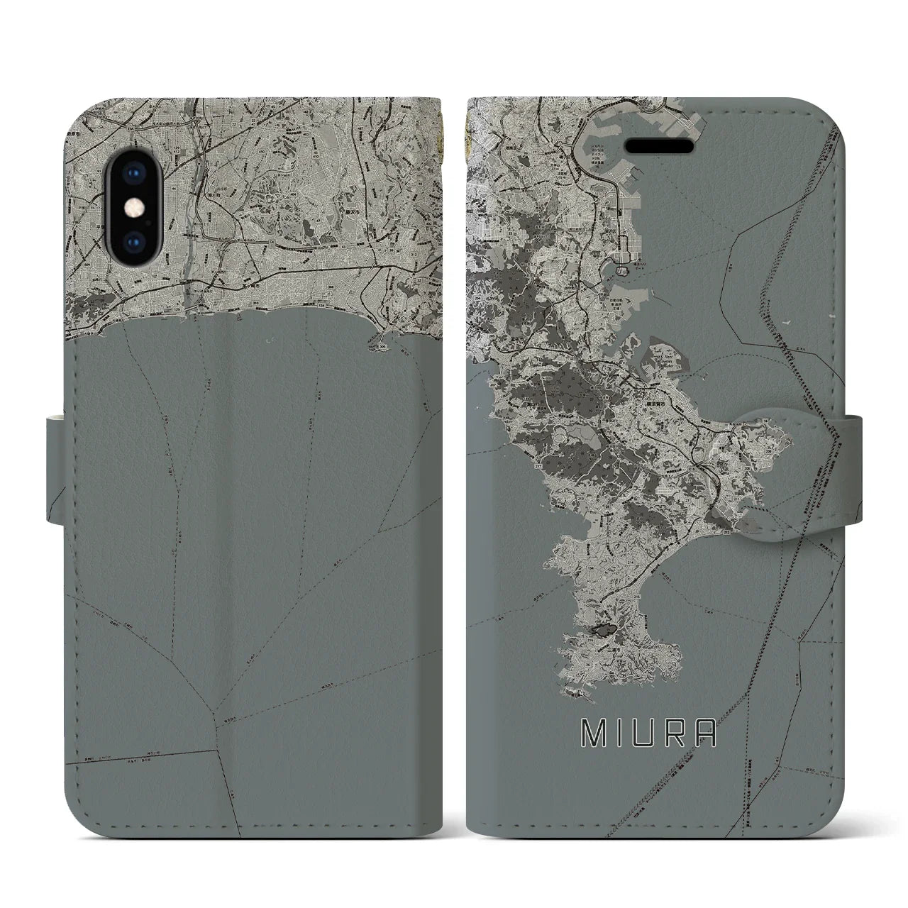 【三浦2(神奈川県)】地図柄iPhoneケース(手帳タイプ)モノトーン・iPhone XS / X 用