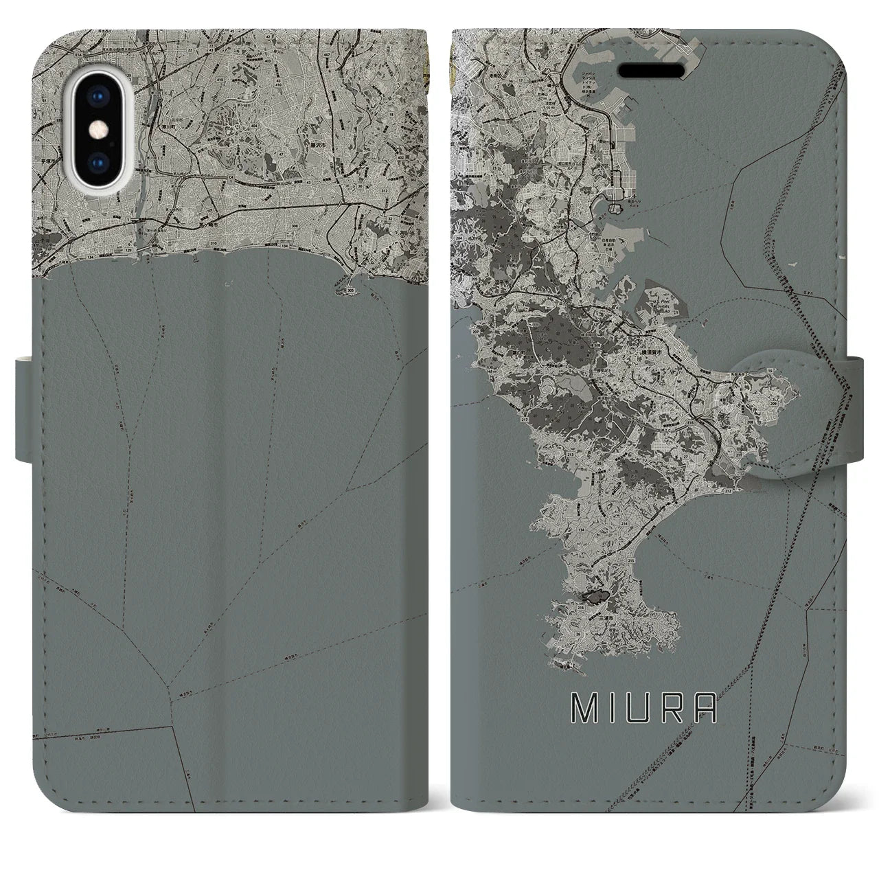 【三浦2(神奈川県)】地図柄iPhoneケース(手帳タイプ)モノトーン・iPhone XS Max 用