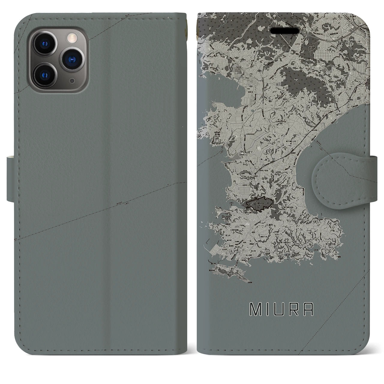 【三浦(神奈川県)】地図柄iPhoneケース(手帳タイプ)モノトーン・iPhone 11 Pro Max 用