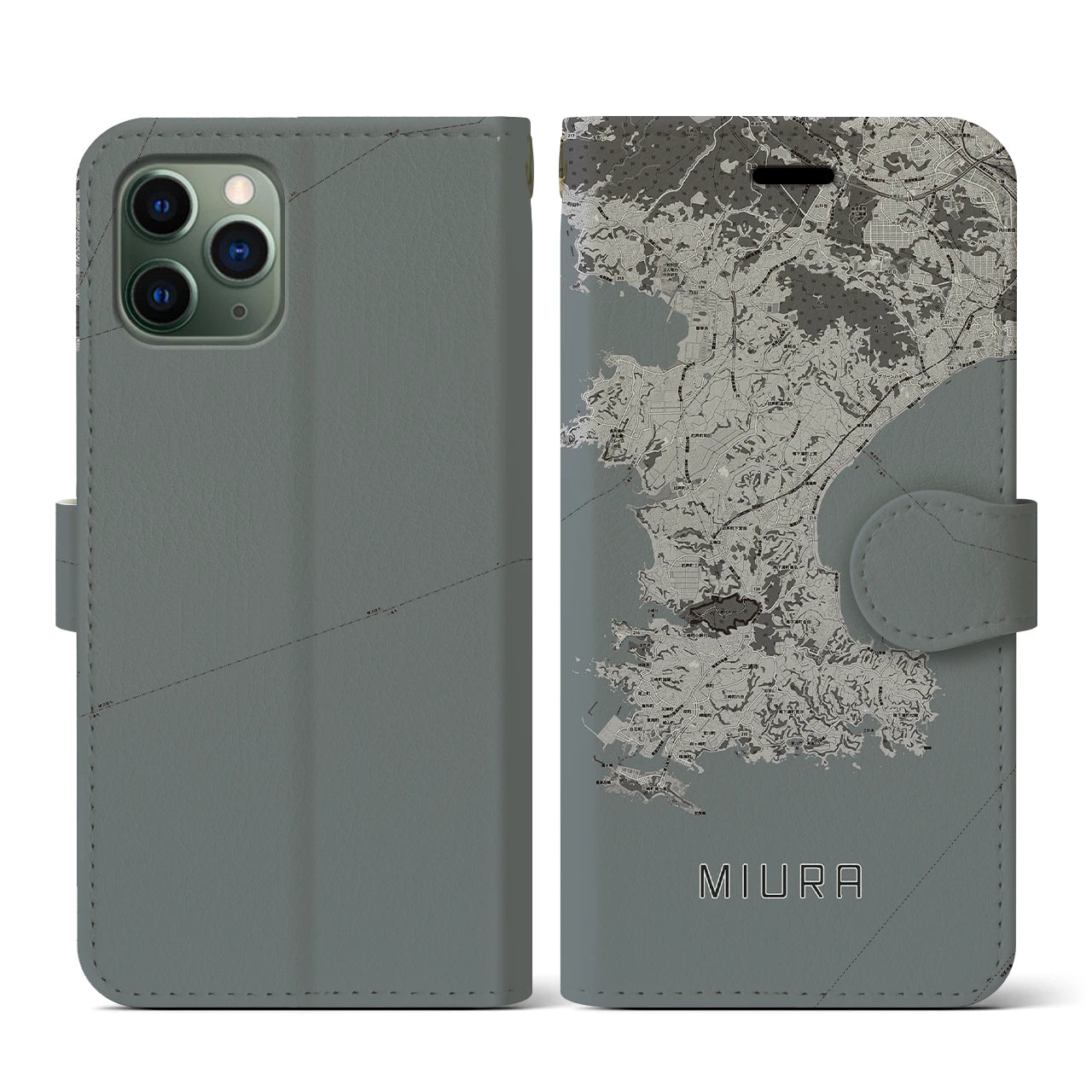 【三浦(神奈川県)】地図柄iPhoneケース(手帳タイプ)モノトーン・iPhone 11 Pro 用