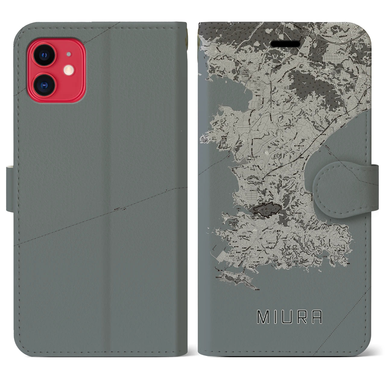 【三浦(神奈川県)】地図柄iPhoneケース(手帳タイプ)モノトーン・iPhone 11 用