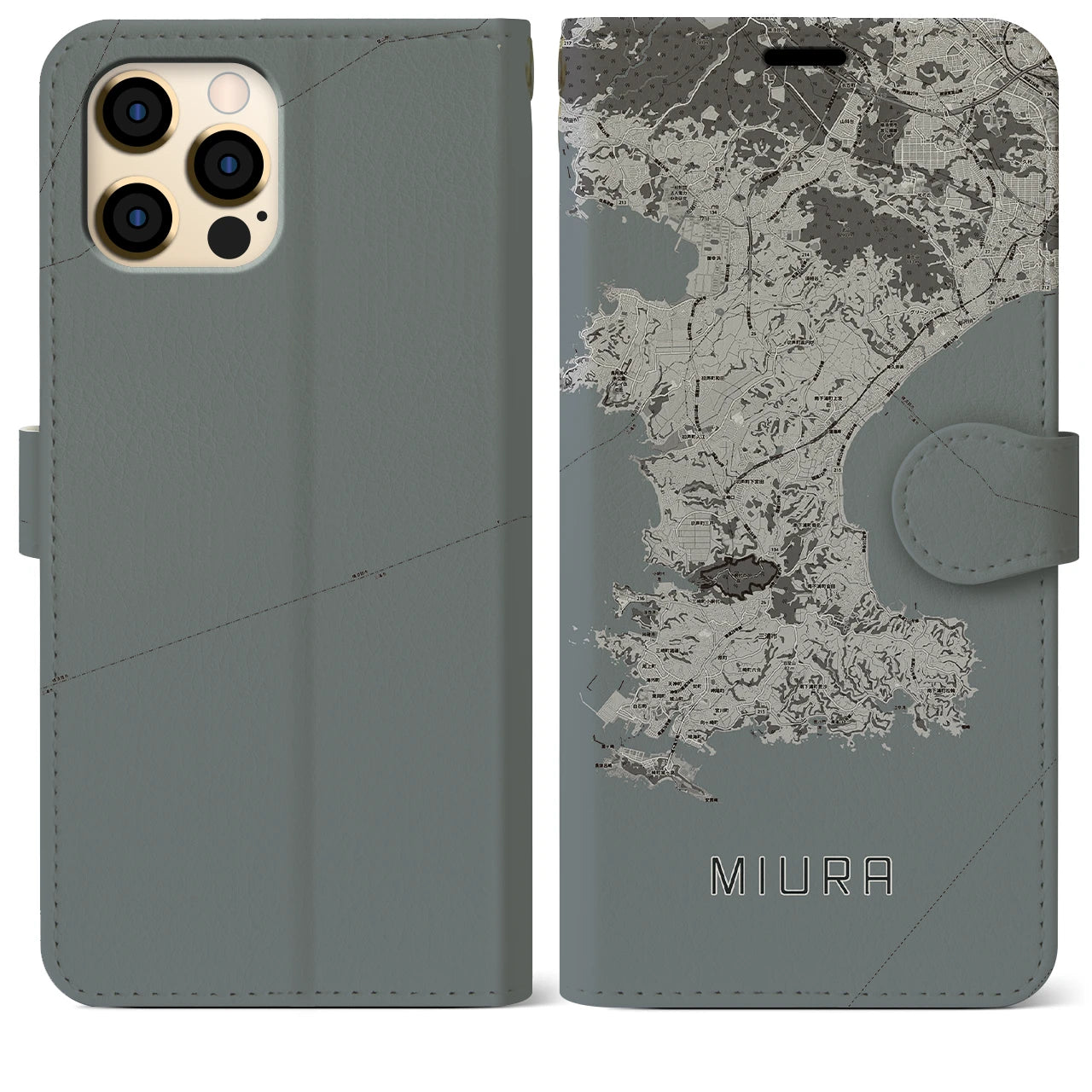 【三浦(神奈川県)】地図柄iPhoneケース(手帳タイプ)モノトーン・iPhone 12 Pro Max 用