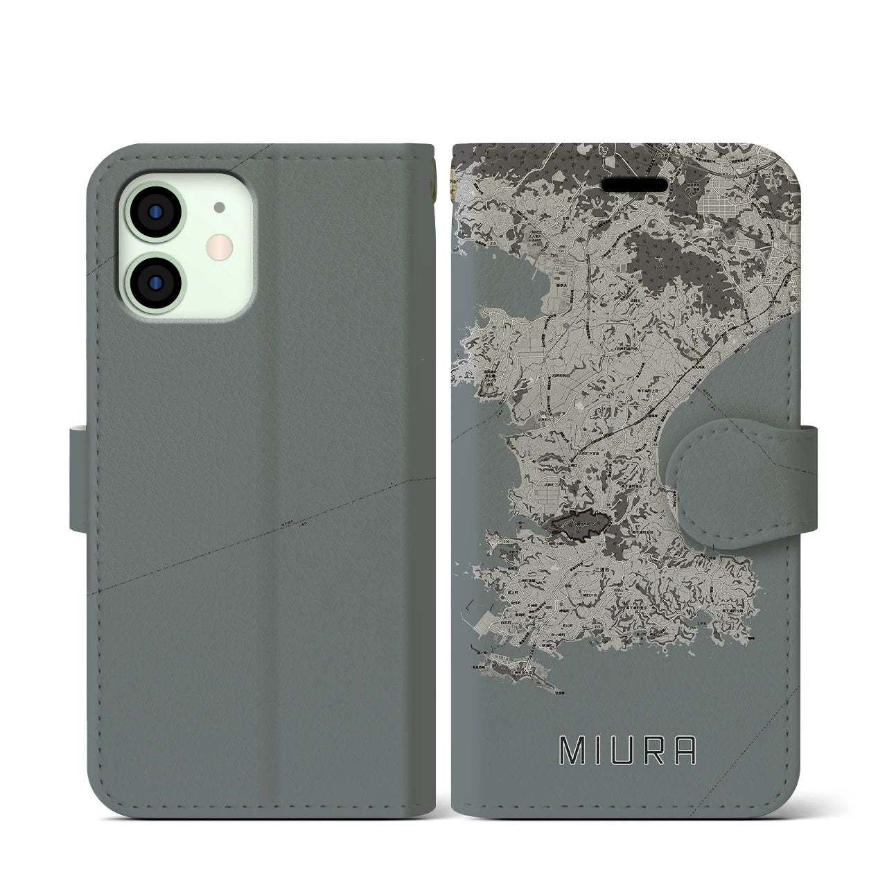 【三浦(神奈川県)】地図柄iPhoneケース(手帳タイプ)モノトーン・iPhone 12 mini 用