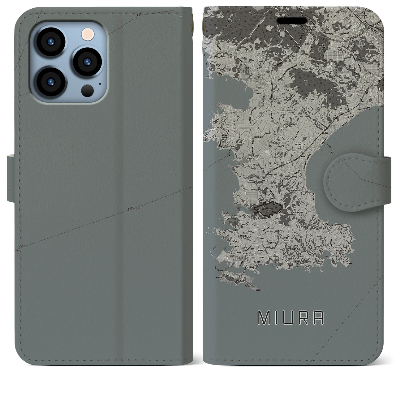 【三浦(神奈川県)】地図柄iPhoneケース(手帳タイプ)モノトーン・iPhone 13 Pro Max 用