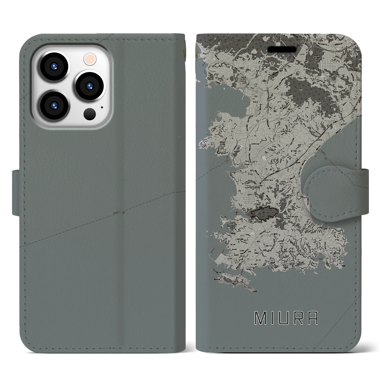 【三浦(神奈川県)】地図柄iPhoneケース(手帳タイプ)モノトーン・iPhone 13 Pro 用