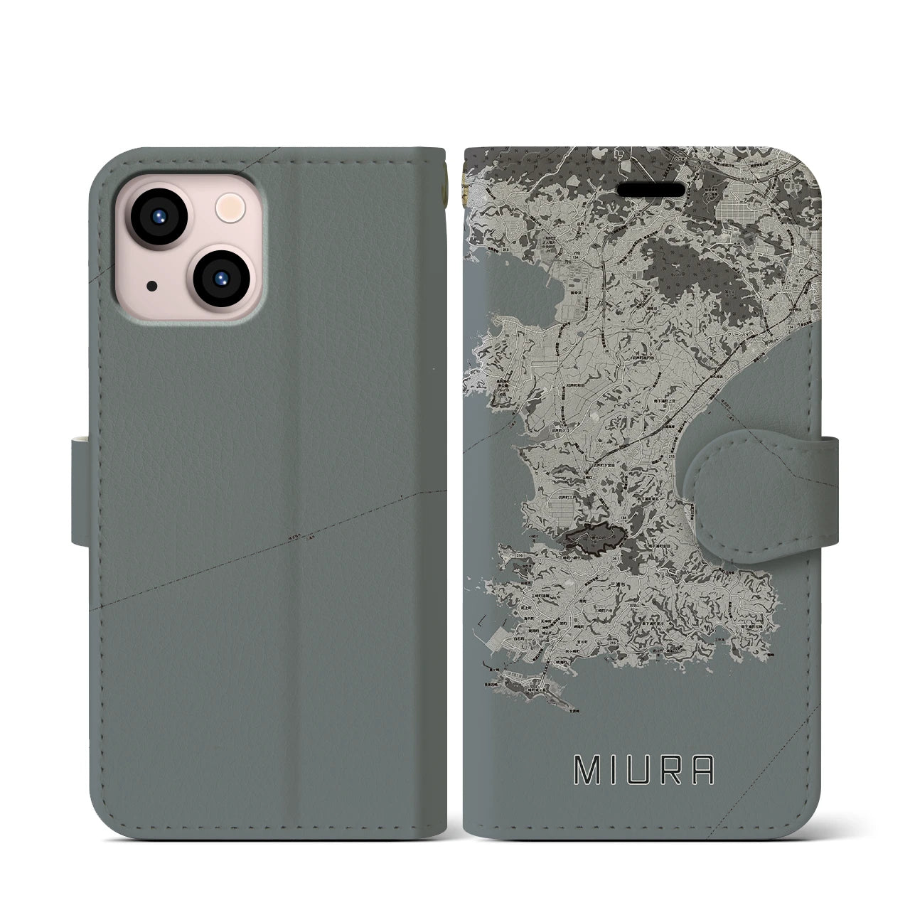 【三浦(神奈川県)】地図柄iPhoneケース(手帳タイプ)モノトーン・iPhone 13 mini 用