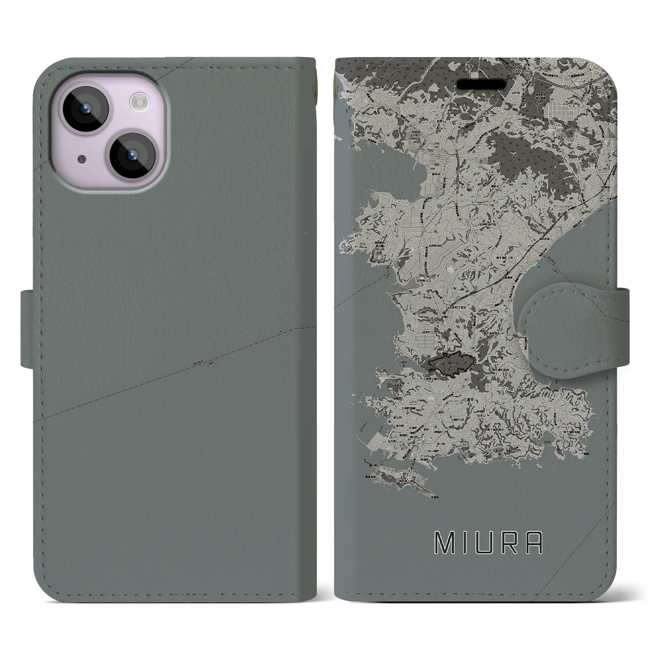 【三浦(神奈川県)】地図柄iPhoneケース(手帳タイプ)モノトーン・iPhone 14 用