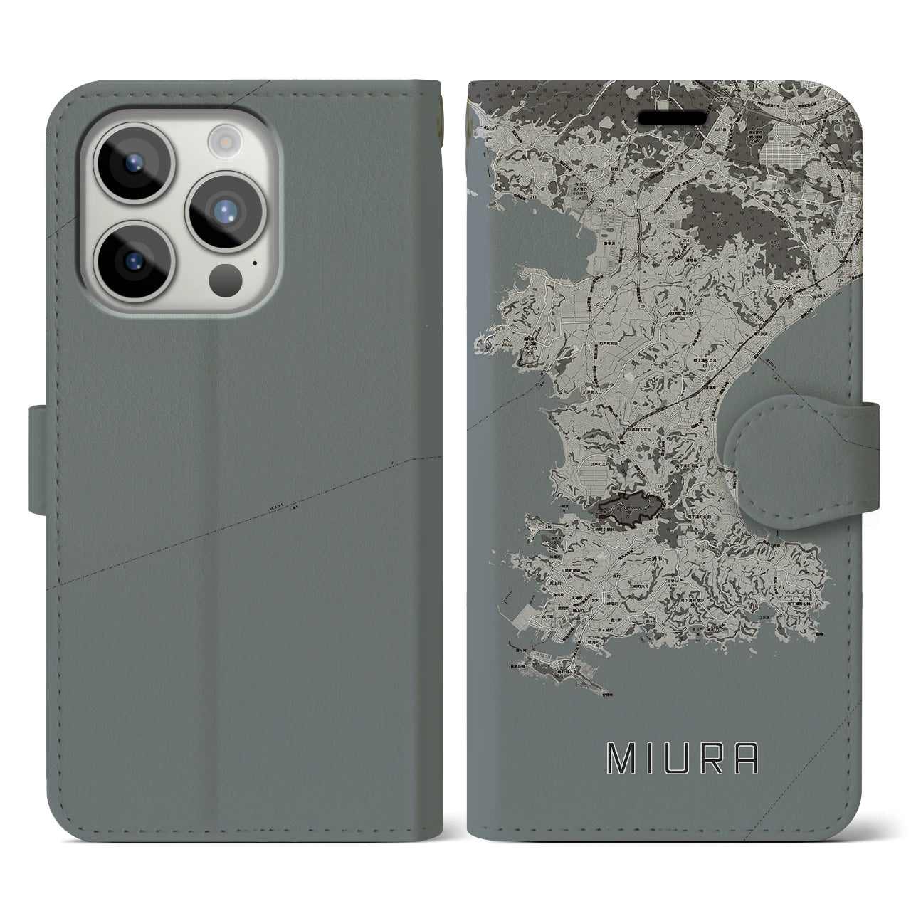 【三浦(神奈川県)】地図柄iPhoneケース(手帳タイプ)モノトーン・iPhone 15 Pro 用