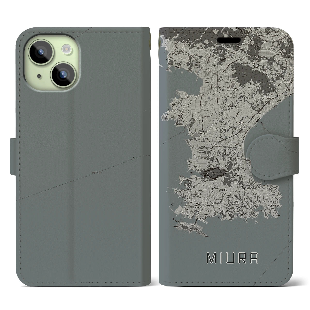 【三浦(神奈川県)】地図柄iPhoneケース(手帳タイプ)モノトーン・iPhone 15 用