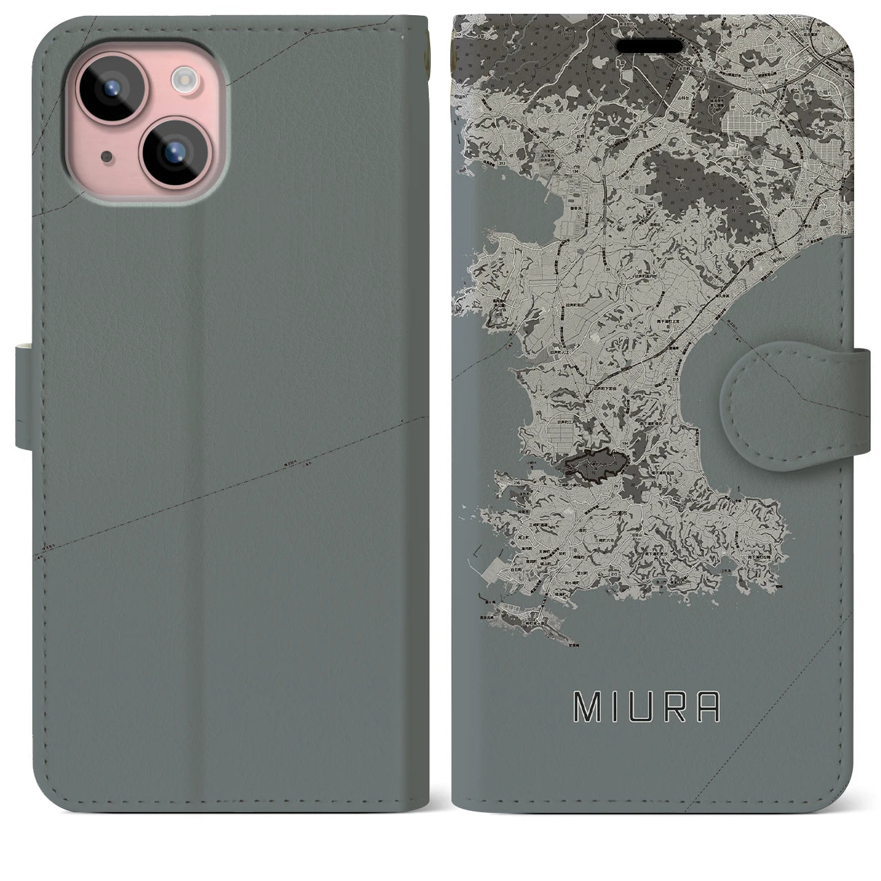 【三浦(神奈川県)】地図柄iPhoneケース(手帳タイプ)モノトーン・iPhone 15 Plus 用