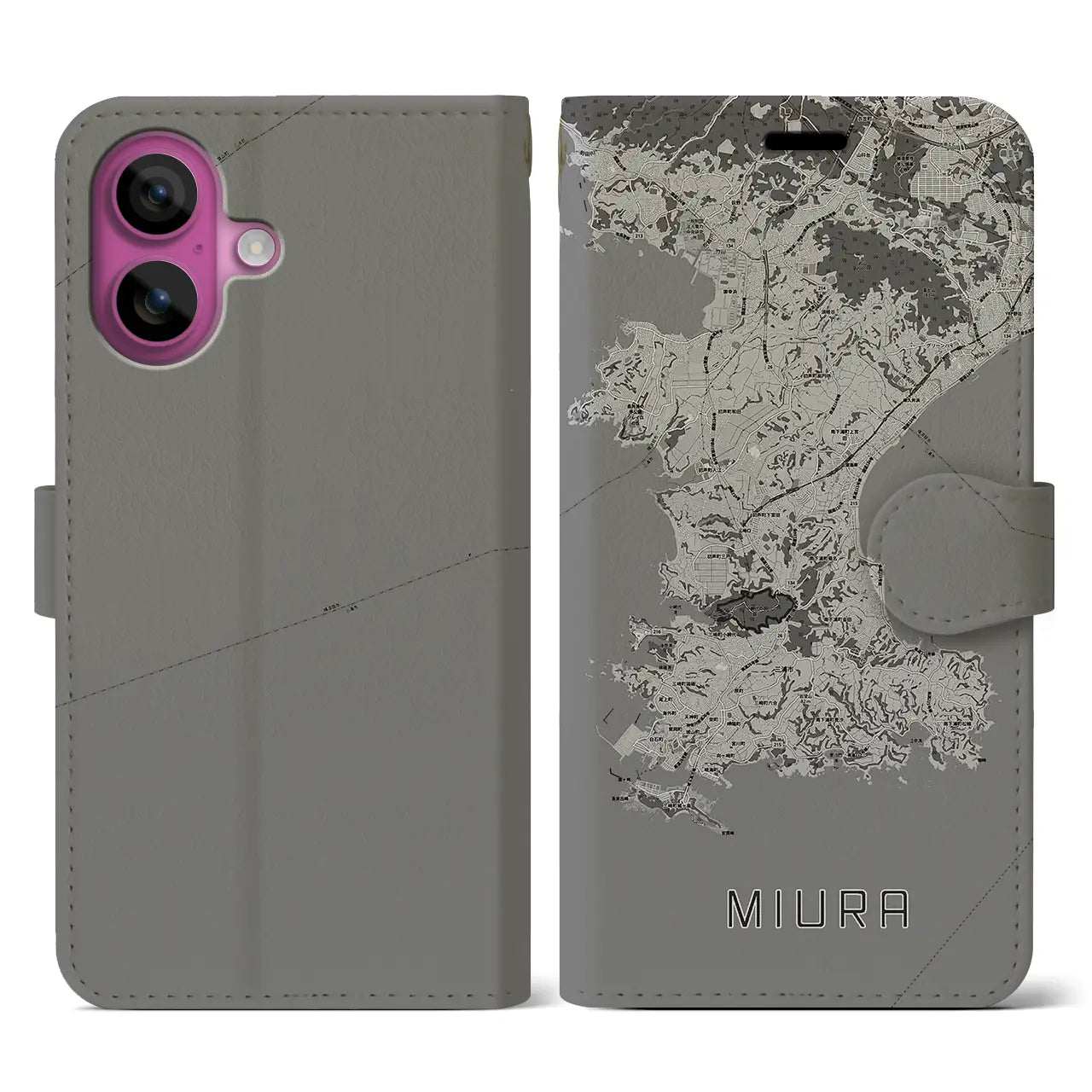 【三浦(神奈川県)】地図柄iPhoneケース(手帳タイプ)モノトーン・iPhone 16 Pro 用