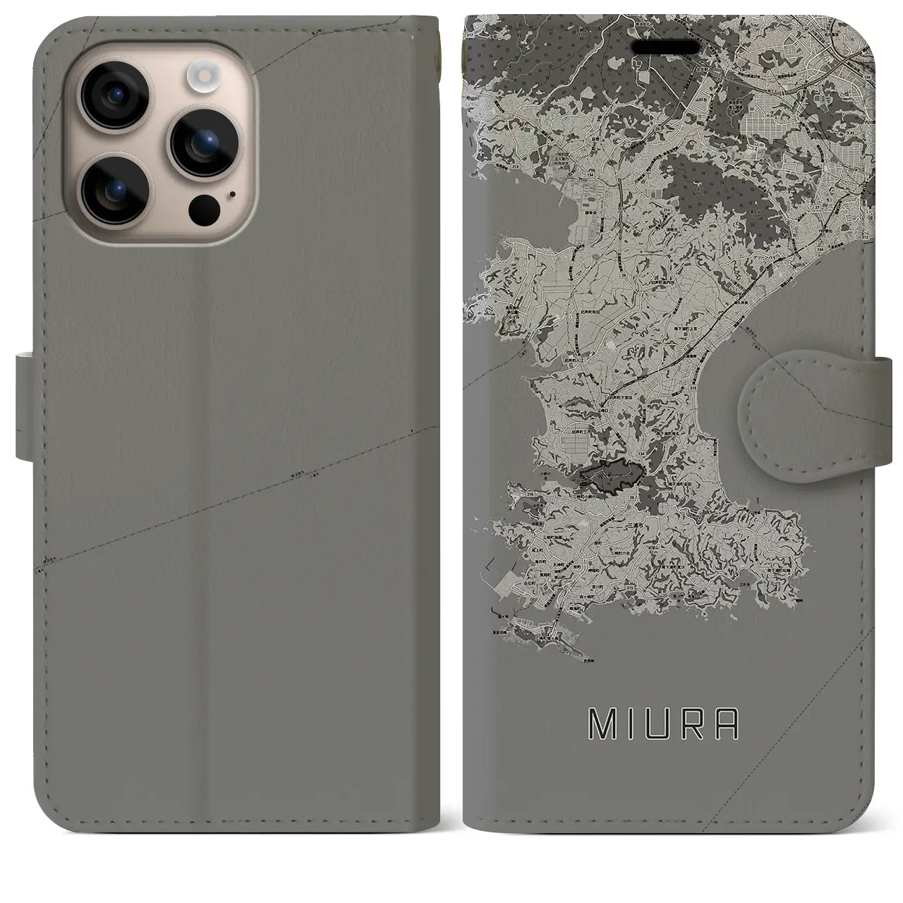 【三浦(神奈川県)】地図柄iPhoneケース(手帳タイプ)モノトーン・iPhone 16 Plus 用