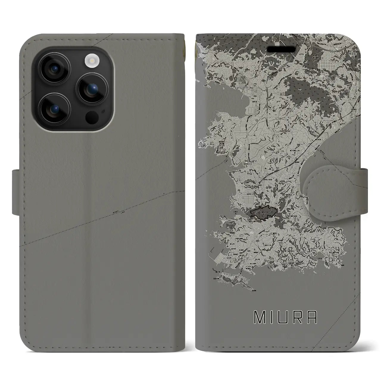 【三浦(神奈川県)】地図柄iPhoneケース(手帳タイプ)モノトーン・iPhone 16 用