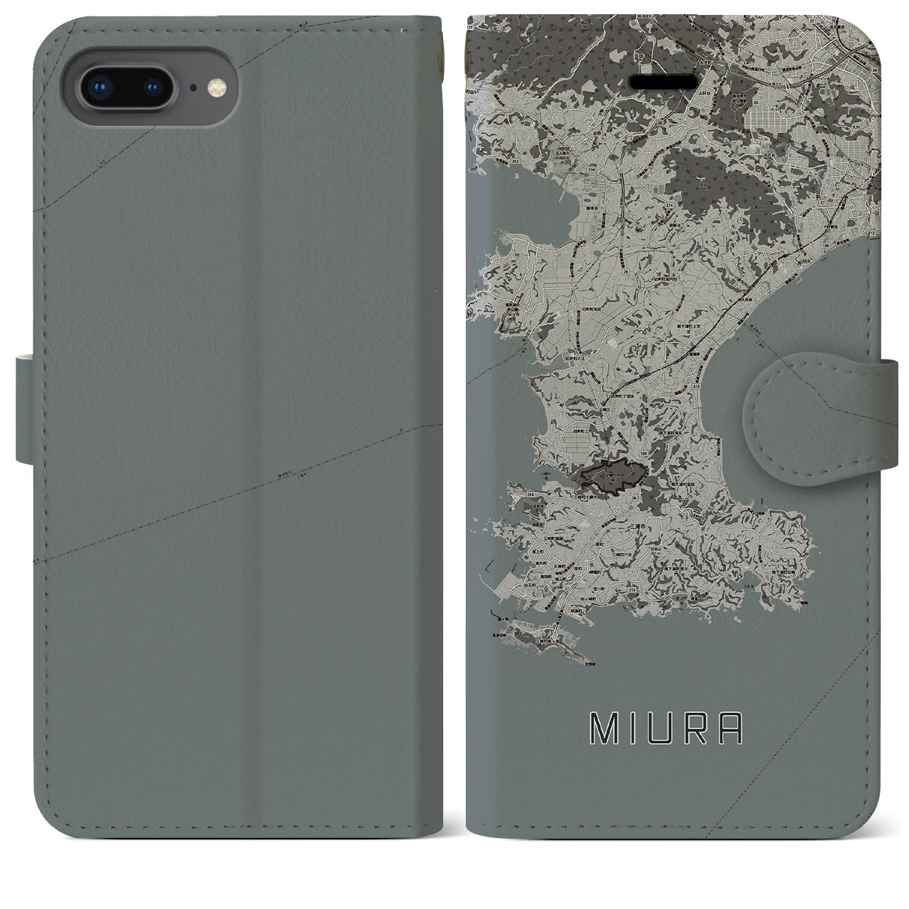 【三浦(神奈川県)】地図柄iPhoneケース(手帳タイプ)モノトーン・iPhone 8Plus /7Plus / 6sPlus / 6Plus 用