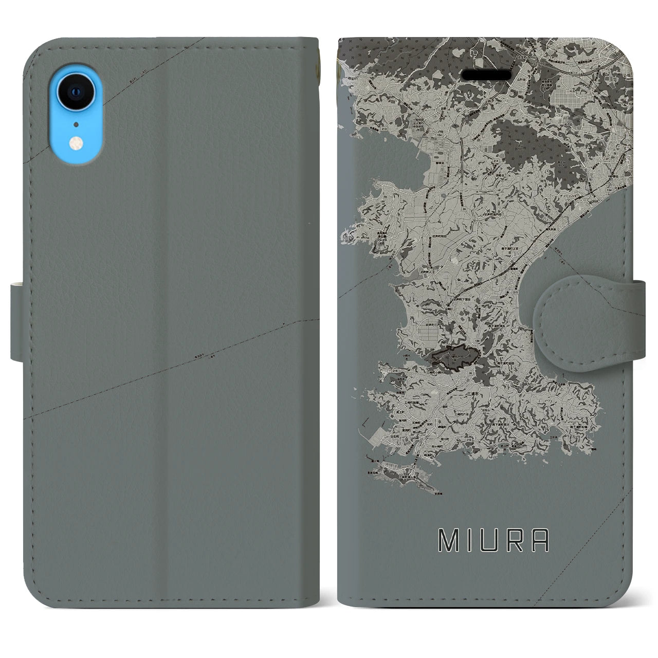【三浦(神奈川県)】地図柄iPhoneケース(手帳タイプ)モノトーン・iPhone XR 用