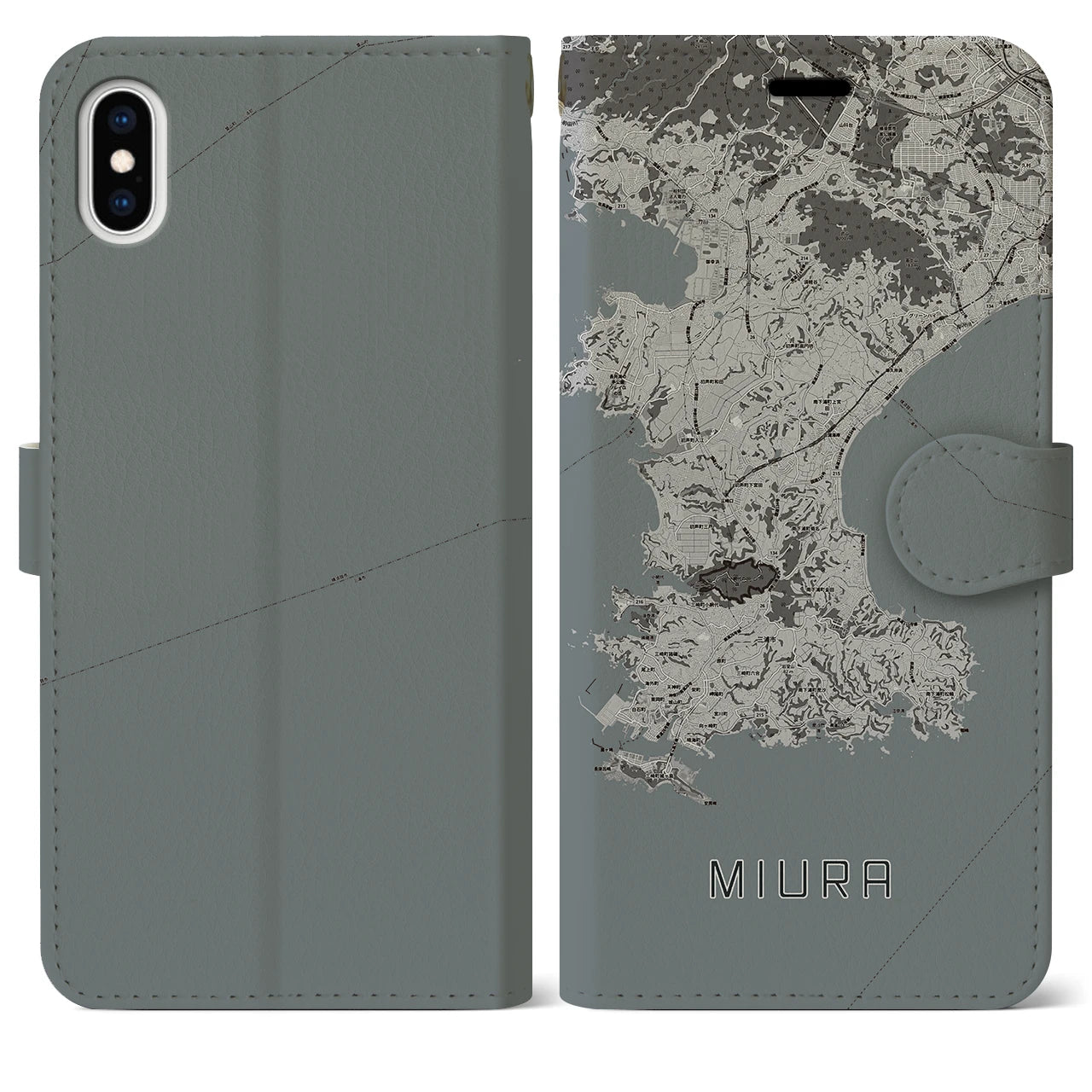 【三浦(神奈川県)】地図柄iPhoneケース(手帳タイプ)モノトーン・iPhone XS Max 用