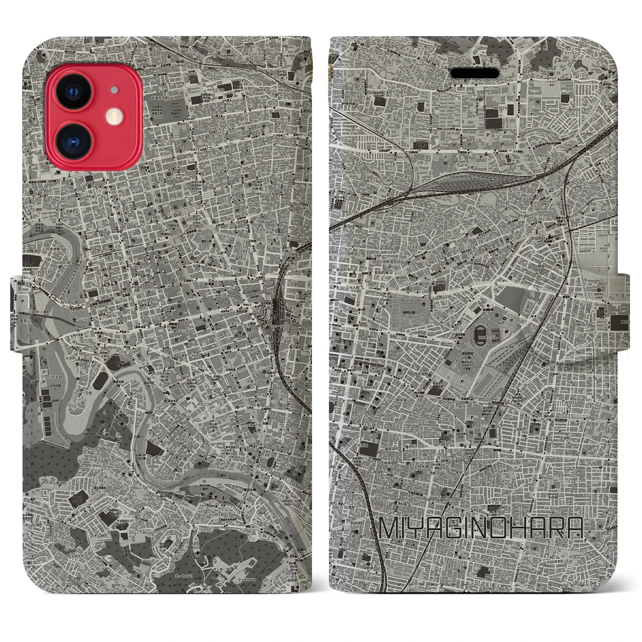 【宮城野原(宮城県)】地図柄iPhoneケース(手帳タイプ)モノトーン・iPhone 11 用