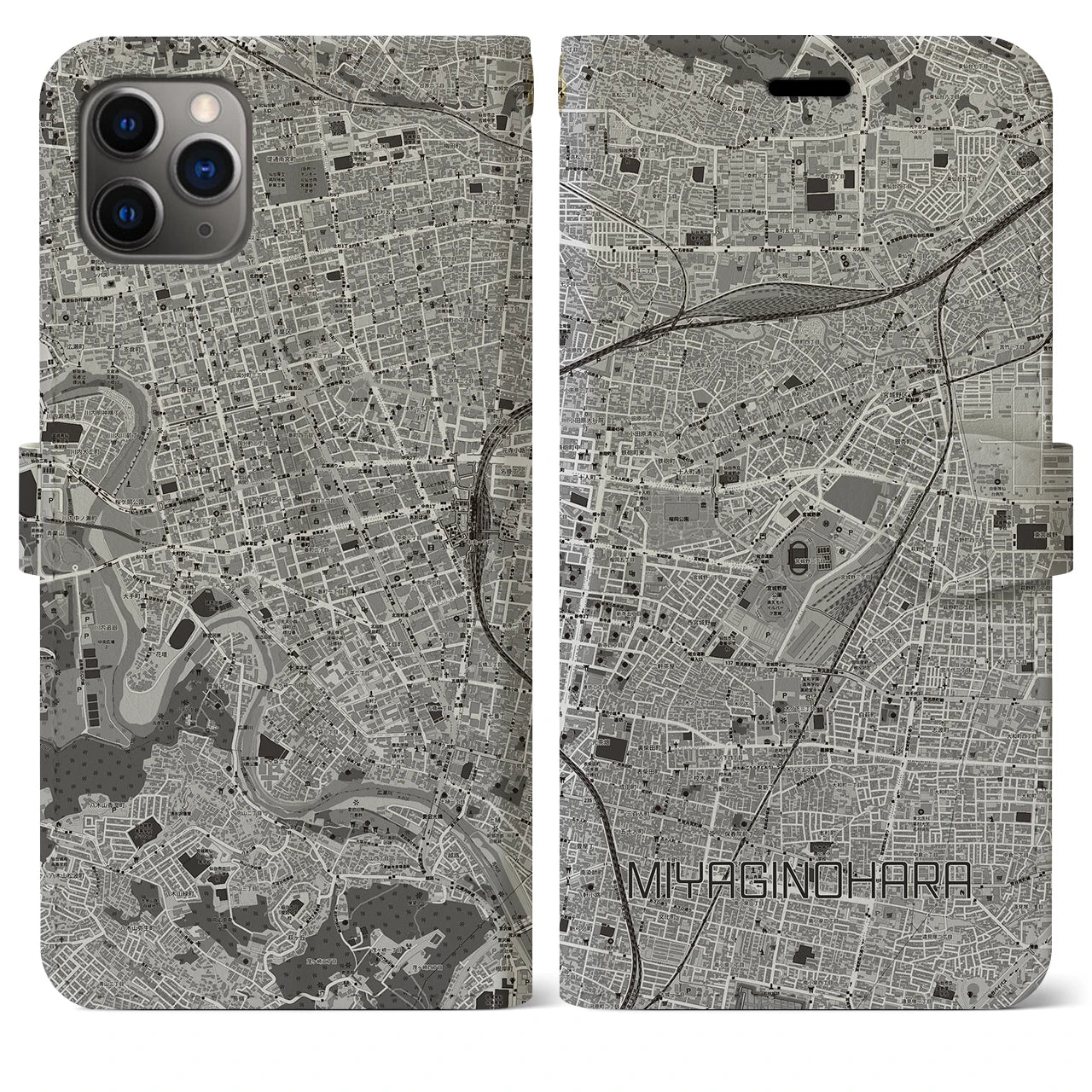 【宮城野原(宮城県)】地図柄iPhoneケース(手帳タイプ)モノトーン・iPhone 11 Pro Max 用